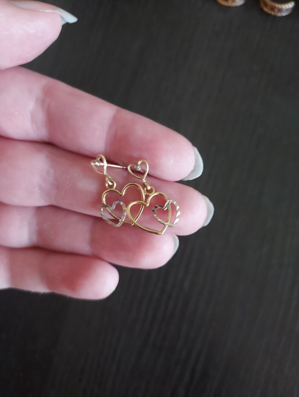 Gold Heart Dangle Earrings - Double Heart Design - Picture 1 of 2